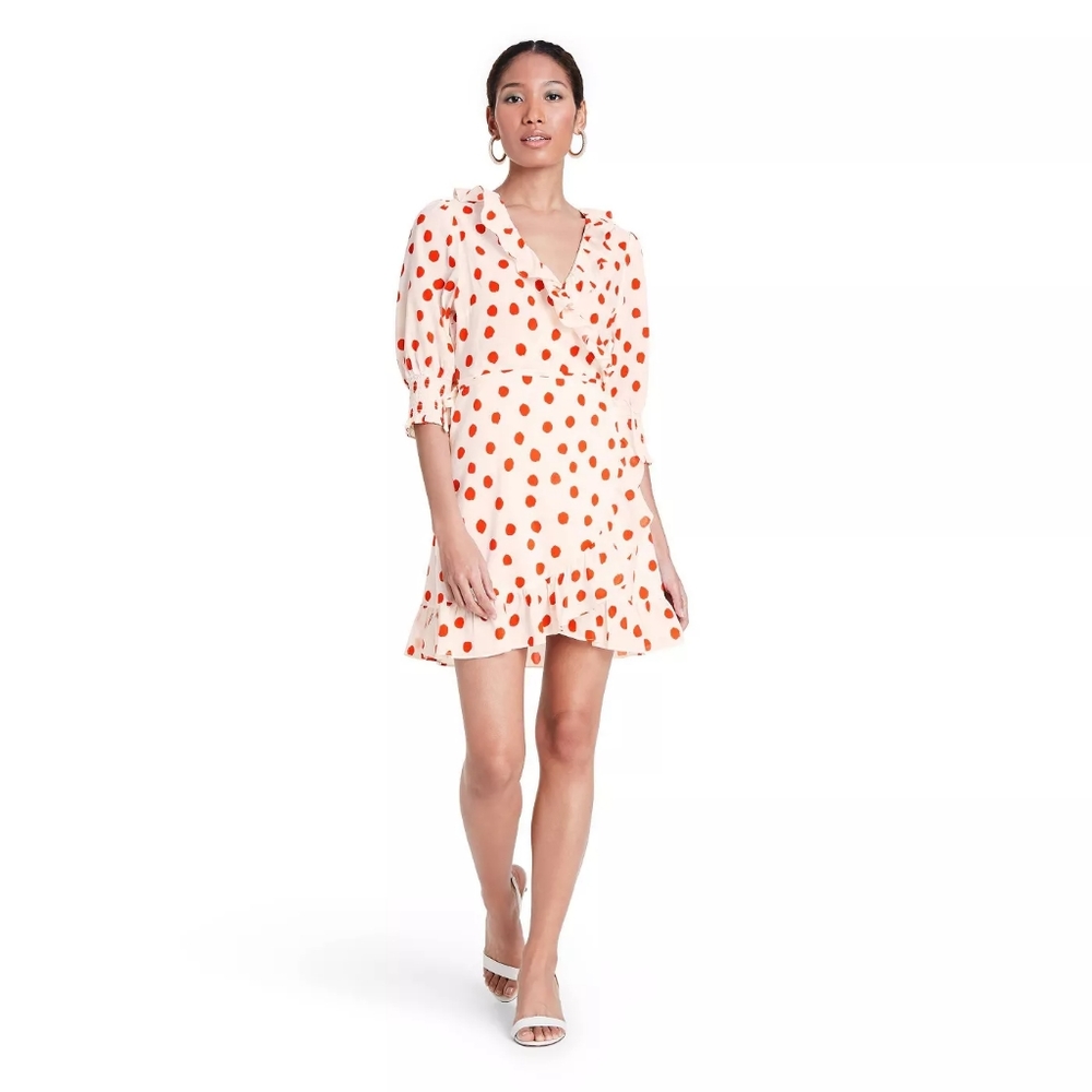 RIXO X TARGET POLKA DOT PUFF SLEEVE RUFFLE WRAP DRESS